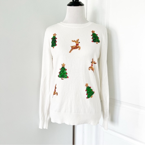 Victoria Harbour Sweaters - Holiday White Sweater with Festive Sequined Embellishments - Small